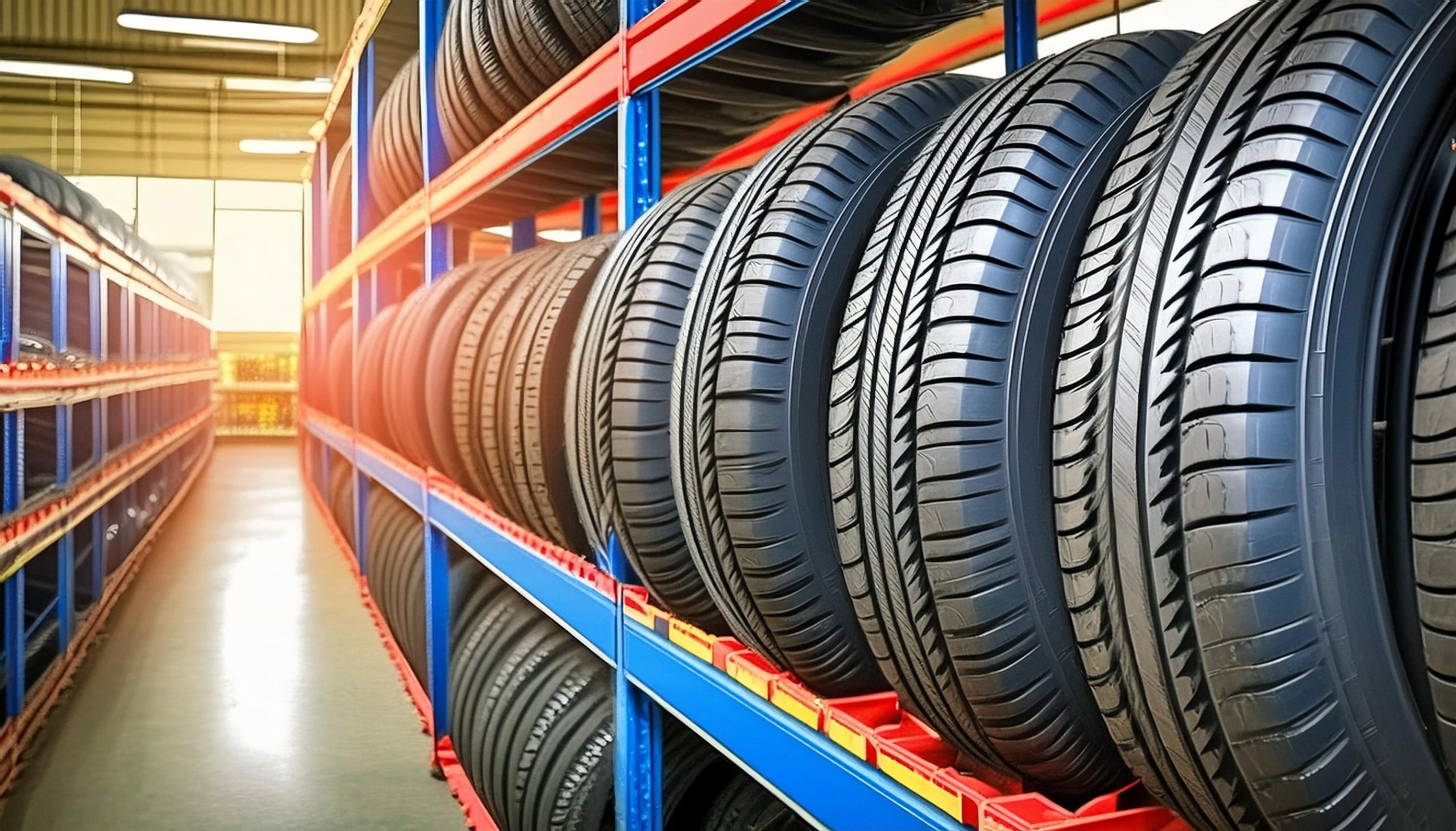 新しいタイヤが並べられたタイヤ保管庫