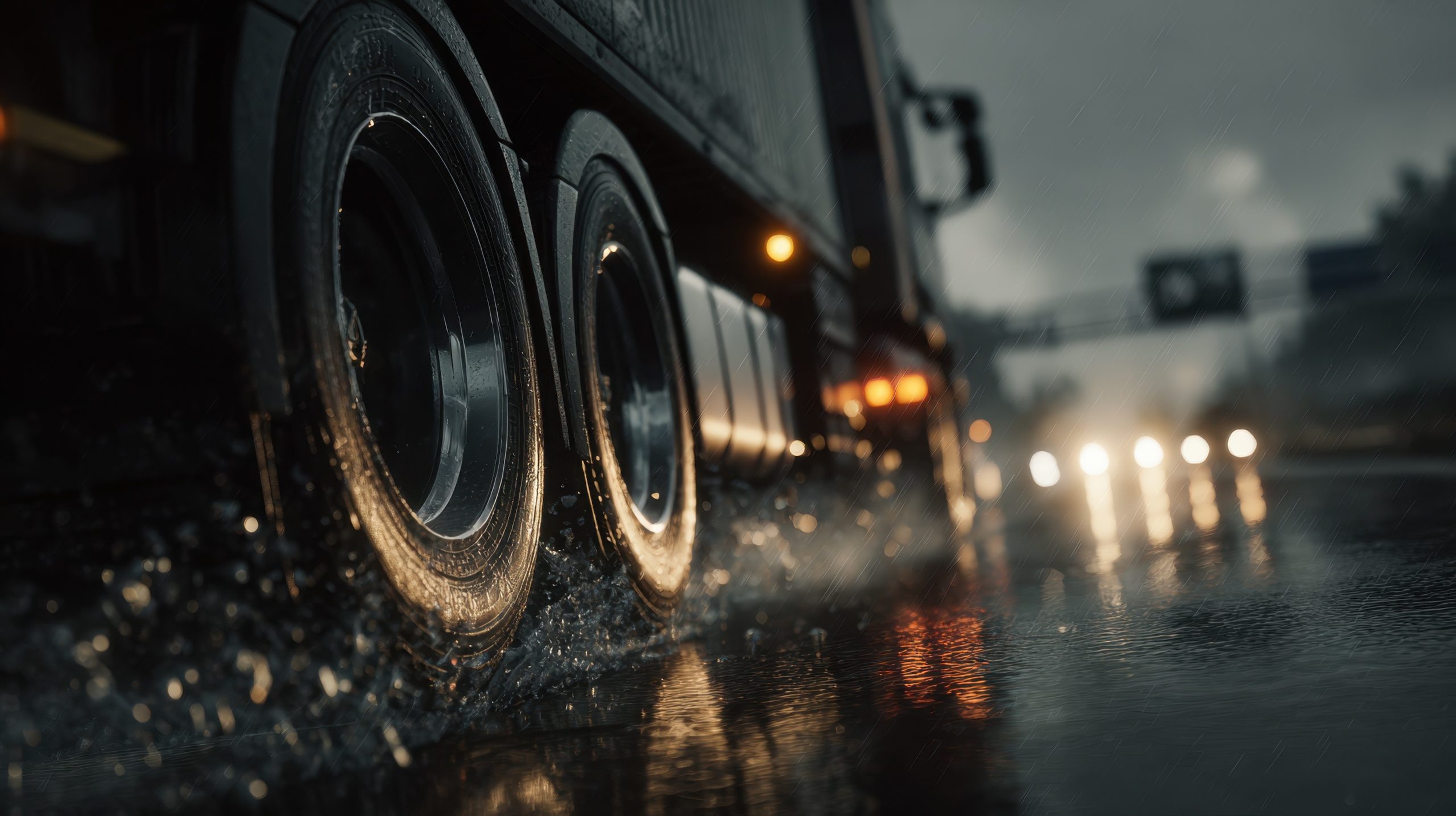 滑りやすい道路を走行するトラック